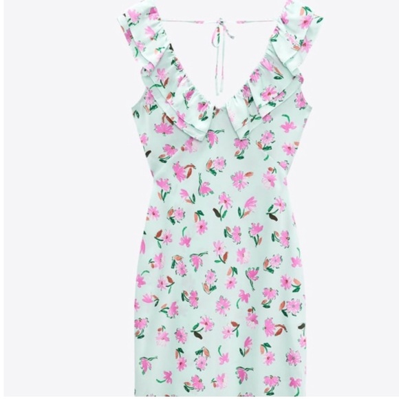 Mint Green Floral Satin Midi Dress - Picture 5 of 7